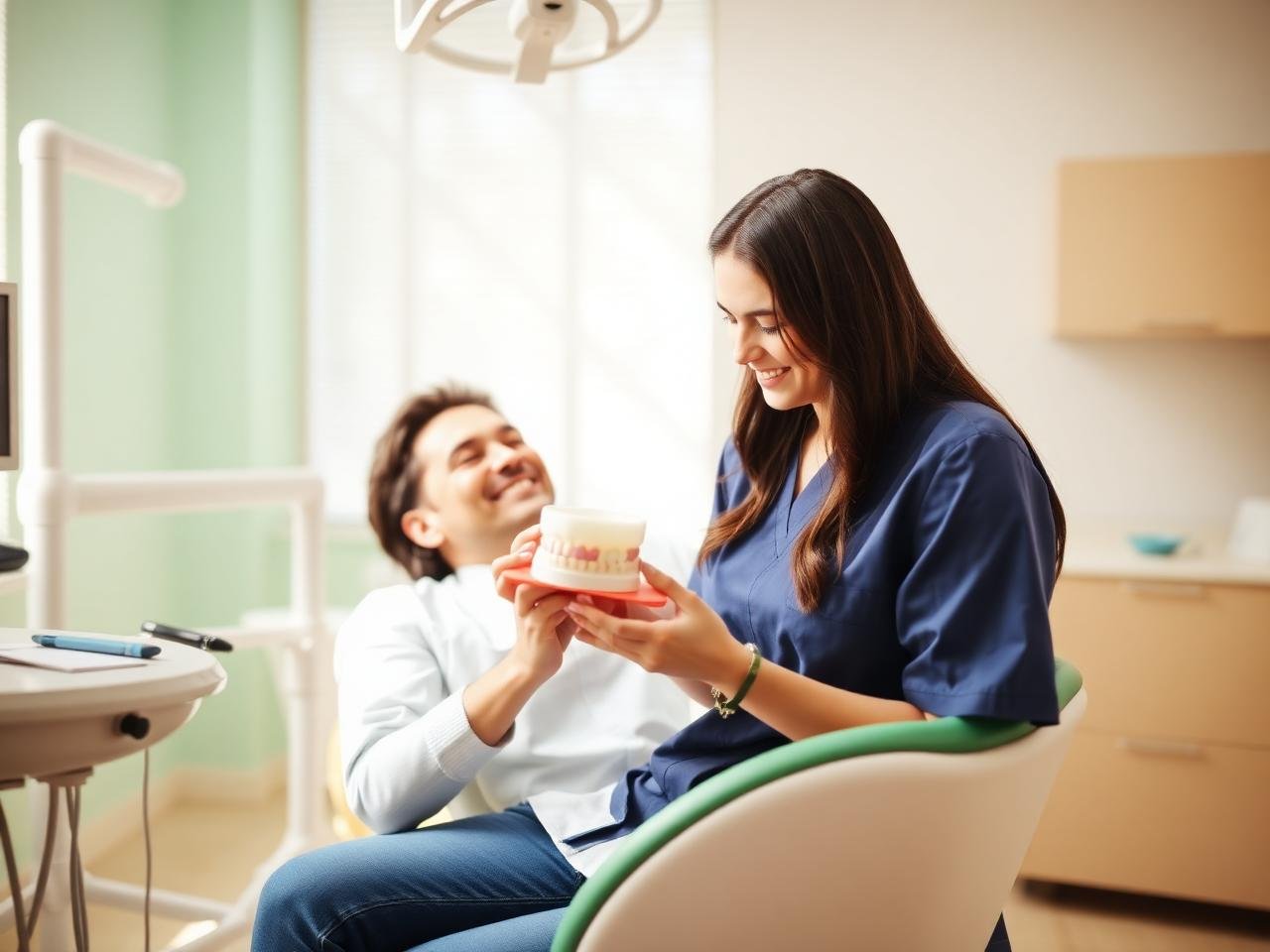 Dental team in Maple Ridge showing a patient a dental crown model